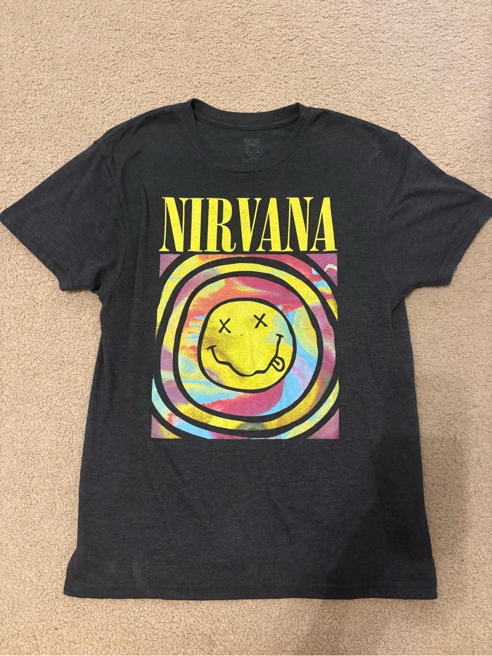 NIRVANA Black Tee with Yellow Smiley and Multicolor Tie-Dye Graphic